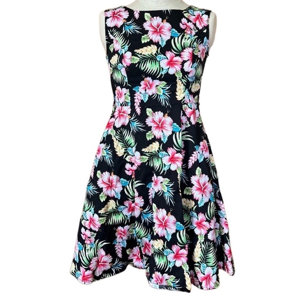 Yeoku Small Fit & Flare Dress Hawaiian Print Colorful 100% Cotton Knee Length - Picture 2 of 8